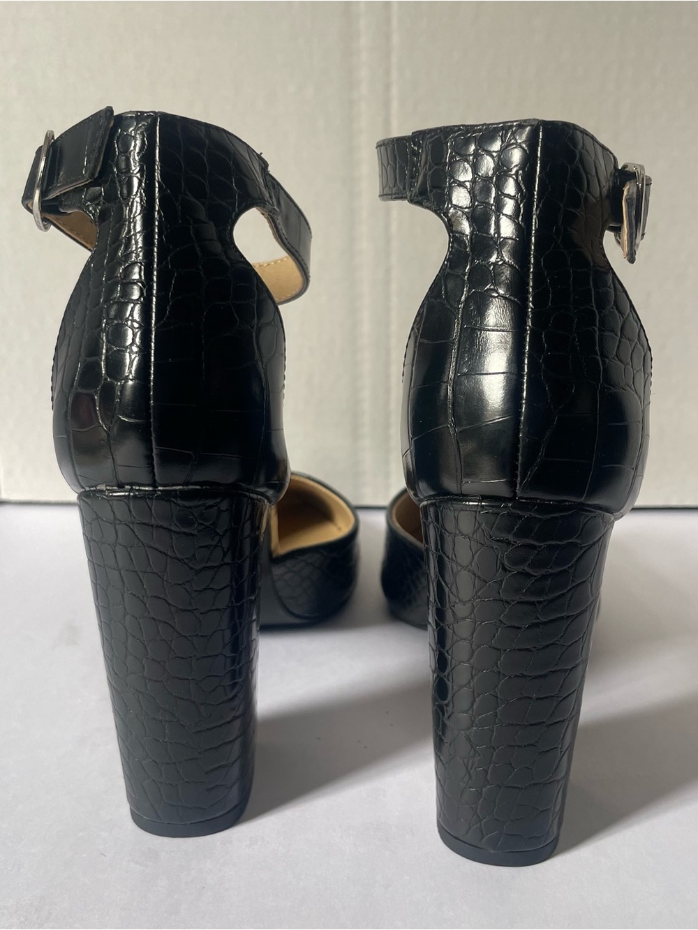 Black Croc-Embossed Ankle-Strap Pointed-Toe Heels - Picture 3 of 8